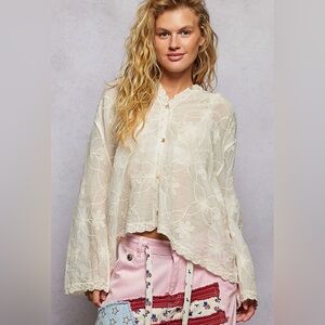 POL Linen hooded button down top